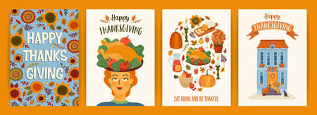 Happy Thanksgiving illustrations. Set of vector designs for card, poster, flyer, web and otheのイラスト素材