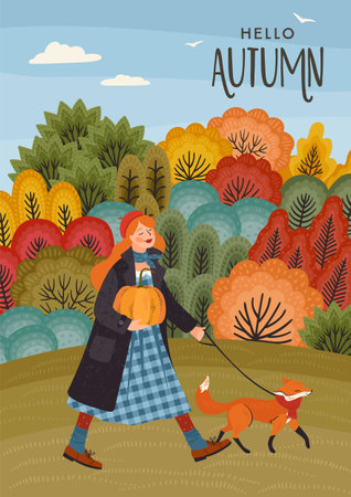 Autumn illustration. Cute girl with a fox. Vector design for card, poster, flyer, web and other.のイラスト素材