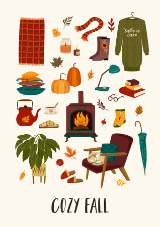 Autumn illustration with homely cute things. Vector design for card, poster, flyer, web and otherのイラスト素材