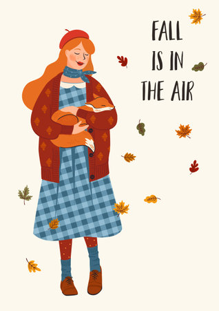 Autumn illustration. Cute girl with a fox. Vector design for card, poster, flyer, web and other.のイラスト素材