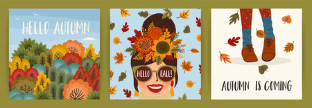 Set of autumn illustrations with cute girl. Vector design for card, poster, flyer, web and otherのイラスト素材