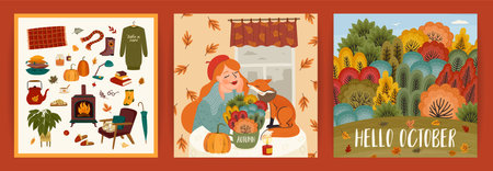 Set of autumn illustrations with cute girl. Vector design for card, poster, flyer, web and otherのイラスト素材
