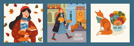Set of autumn illustrations with cute girl. Vector design for card, poster, flyer, web and otherのイラスト素材