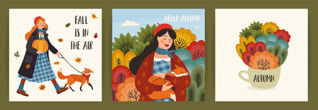 Set of autumn illustrations with cute girl. Vector design for card, poster, flyer, web and otherの写真素材