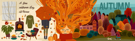 Autumn banner with people and nature. Hand drawn graphic arts and textures. Vector designのイラスト素材