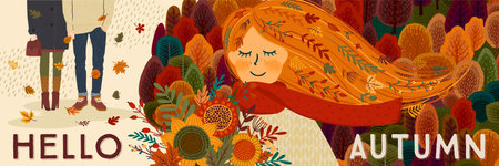 Autumn banner with people and nature. Hand drawn graphic arts and textures. Vector design.のイラスト素材