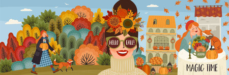 Autumn banner with people and nature. Hand drawn graphic arts and textures. Vector design,のイラスト素材