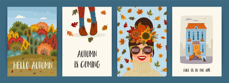 Set of autumn illustrations with cute girl. Vector design for card, poster, flyer, web and other.のイラスト素材