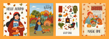 Set of autumn illustrations with cute girl. Vector design for card, poster, flyer, web and other.のイラスト素材