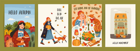 Set of autumn illustrations with cute girl. Vector design for card, poster, flyer, web and other.のイラスト素材