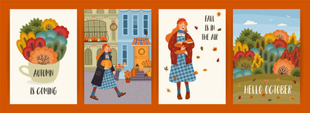 Set of autumn illustrations with cute girl. Vector design for card, poster, flyer, web and other.のイラスト素材