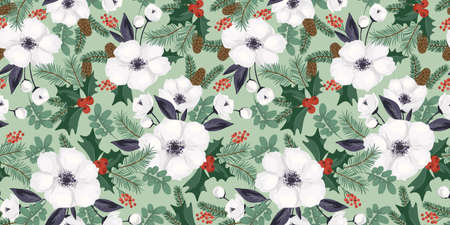 Christmas and Happy New Year seamless pattern. Christmas tree, flowers, berries. New Year symbols. Vector design.のイラスト素材