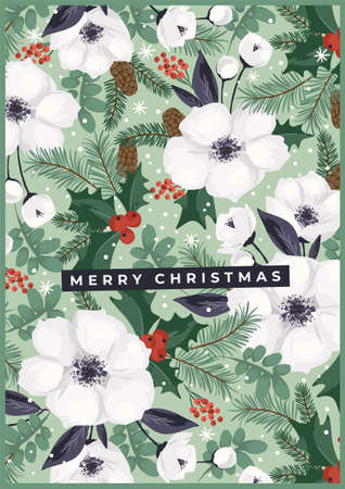 Christmas and Happy New Year illustration with Christmas tree and flowers. Vector design template.のイラスト素材
