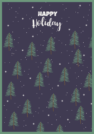 Christmas and Happy New Year illustration with with forest firs. Trendy retro style. Vector design.のイラスト素材