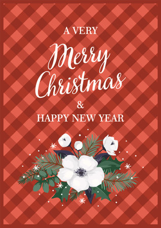 Christmas and Happy New Year illustration with Christmas tree and white flowers. Vector designのイラスト素材