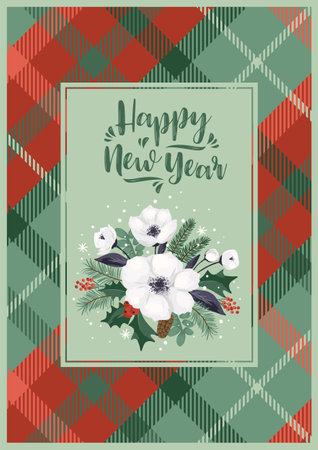 Christmas and Happy New Year illustration with Christmas tree and white flowers. Vector designのイラスト素材