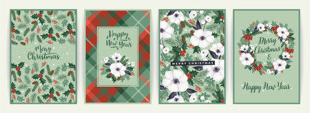 Christmas and Happy New Year cards with Christmas tree and white flowers. Vector design.の写真素材