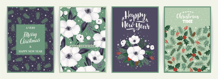 Christmas and Happy New Year cards with Christmas tree and white flowers. Vector design.のイラスト素材