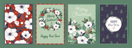 Christmas and Happy New Year cards with Christmas tree and white flowers. Vector design.のイラスト素材