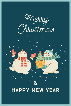 Christmas and Happy New Year card with snowmen. Trendy retro style. Vector design.のイラスト素材