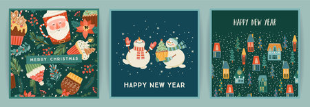 Set of Christmas and Happy New Year cards. Cute bright illustrations witn New Year symbols.. Vector design.のイラスト素材