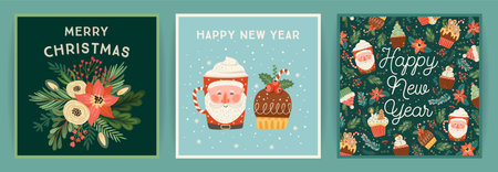 Set of Christmas and Happy New Year cards. Cute bright illustrations witn New Year symbols.. Vector design.のイラスト素材