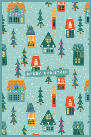 Christmas and Happy New Year illustration. City, houses, Christmas trees, snow. New Year symbols. Vector design.のイラスト素材