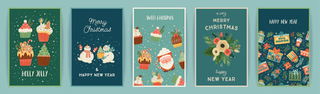 Set of Christmas and Happy New Year cards. Cute bright illustrations witn New Year symbols.. Vector design.のイラスト素材