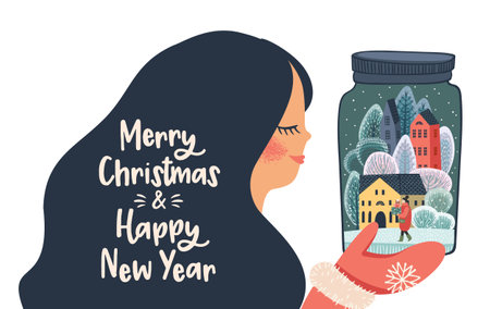 Christmas and Happy New Year isolated illustration with cute woman. Vector design.のイラスト素材