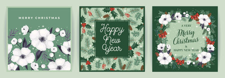 Christmas and Happy New Year cards with Christmas tree and white flowers. Vector design.のイラスト素材