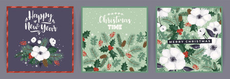 Christmas and Happy New Year cards with Christmas tree and white flowers. Vector design.のイラスト素材