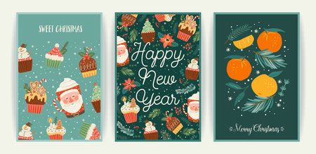 Set of Christmas and Happy New Year cards. Cute bright illustrations witn New Year symbols.. Vector designs.のイラスト素材