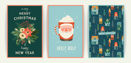 Set of Christmas and Happy New Year cards. Cute bright illustrations witn New Year symbols.. Vector designs.のイラスト素材
