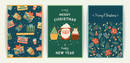 Set of Christmas and Happy New Year cards. Cute bright illustrations witn New Year symbols.. Vector designs.のイラスト素材