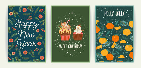 Set of Christmas and Happy New Year cards. Cute bright illustrations witn New Year symbols.. Vector designs.のイラスト素材