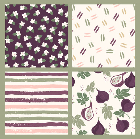 Abstract collection of seamless patterns with flowers, figs, stripes and geometric shapes. Modern designのイラスト素材