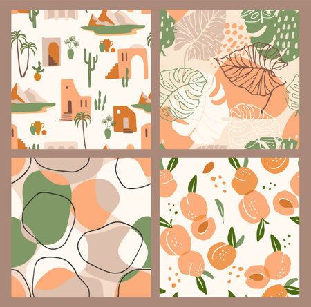 Abstract collection of seamless patterns with apricots, landscape, leaves and geometric shapes. Modern designのイラスト素材