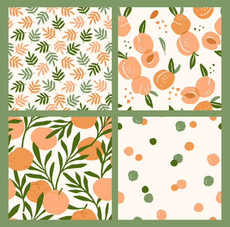 Abstract collection of seamless patterns with apricots and oranges.のイラスト素材