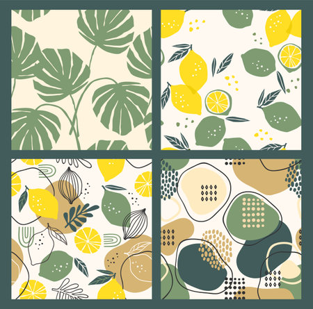 Abstract collection of seamless patterns with lemons, leaves and geometric shapes. Modern designのイラスト素材