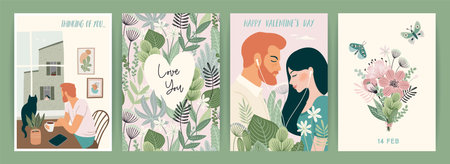 Set of Romantic illustrations. Man and woman. Love, love story, relationship. Vector design concept for Valentines Day and other.のイラスト素材
