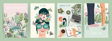Set of Romantic illustrations. Man and woman. Love, love story, relationship. Vector design concept for Valentines Day and other.のイラスト素材