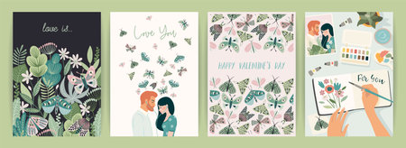 Set of Romantic illustrations. Man and woman. Love, love story, relationship. Vector design concept for Valentines Day and other.のイラスト素材