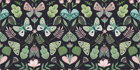 Abstract floral seamless pattern with butterflies and moths. Modern exotic design for paper, cover, fabric, interior decor and other.のイラスト素材
