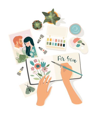 Woman draws. Romantic illustration. Isolated vector design concept for Valentines Day and other use.のイラスト素材