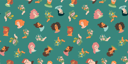 Vector seamless pattern with cute young women and men in love. For Happy Valentine s Day concept and other use.のイラスト素材