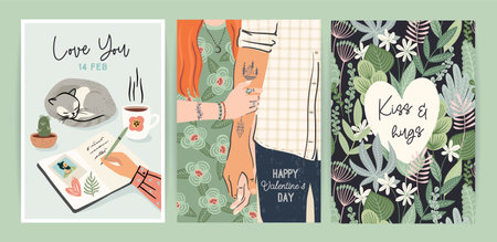 Set of Romantic illustrations. Man and woman. Love, love story, relationship. Vector design concept for Valentines Day and other.のイラスト素材
