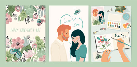 Set of Romantic illustrations. Man and woman. Love, love story, relationship. Vector design concept for Valentines Day and other.のイラスト素材