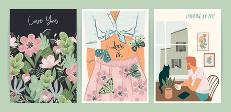 Set of Romantic illustrations. Man and woman. Love, love story, relationship. Vector design concept for Valentines Day and other.のイラスト素材