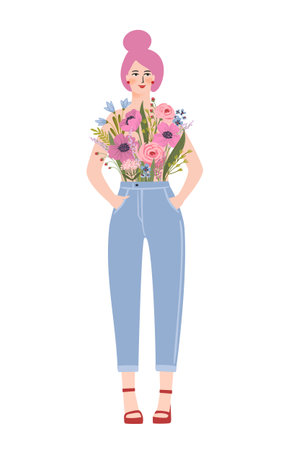 Isolated illustration of a woman with flowers. Concept for International Women s Day and otherのイラスト素材