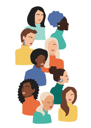 Isolated vector illustration of abstract women with different skin colors. Struggle for freedom, independence, equality. Concept for International Womens Day and otherのイラスト素材